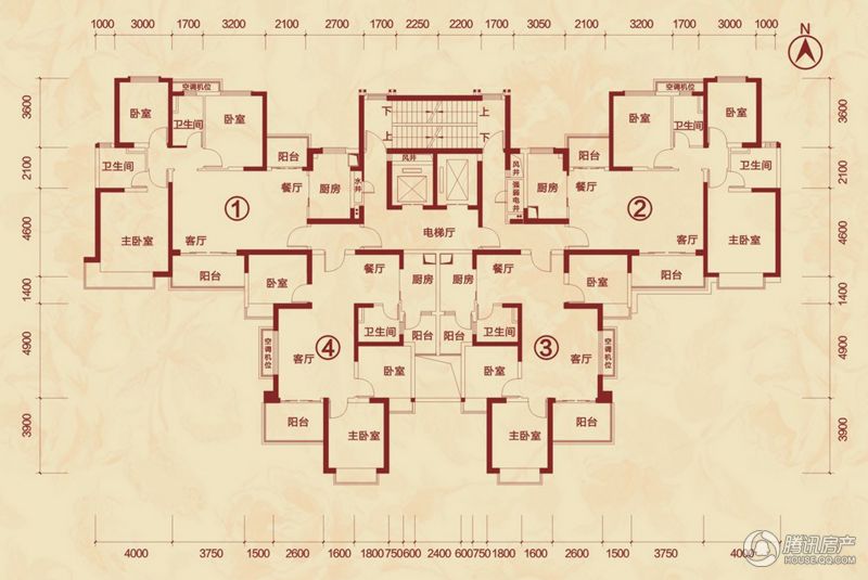 潮州恒大城 楼盘相册 > 潮州恒大城户型图  12栋标准层平面图,共4单元