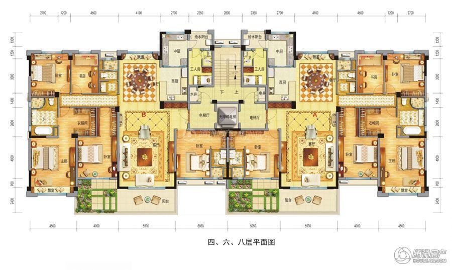 yj260t洋房五房两厅三卫 建筑面积约260㎡ 四,六,八层平面图